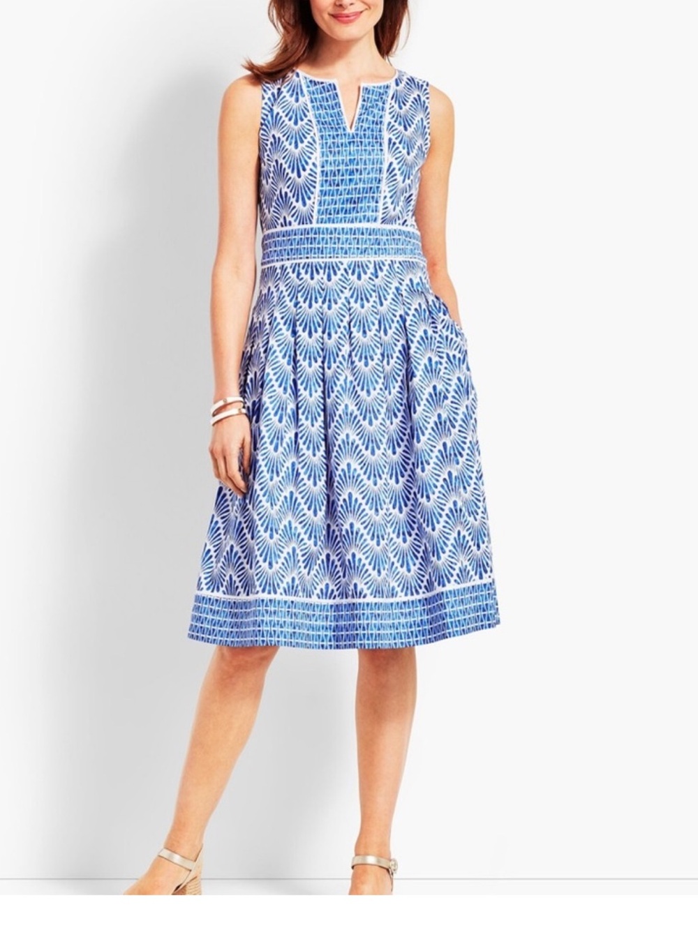 Talbots White Dress with Blue Abstract Print Sleeveless Sz 4